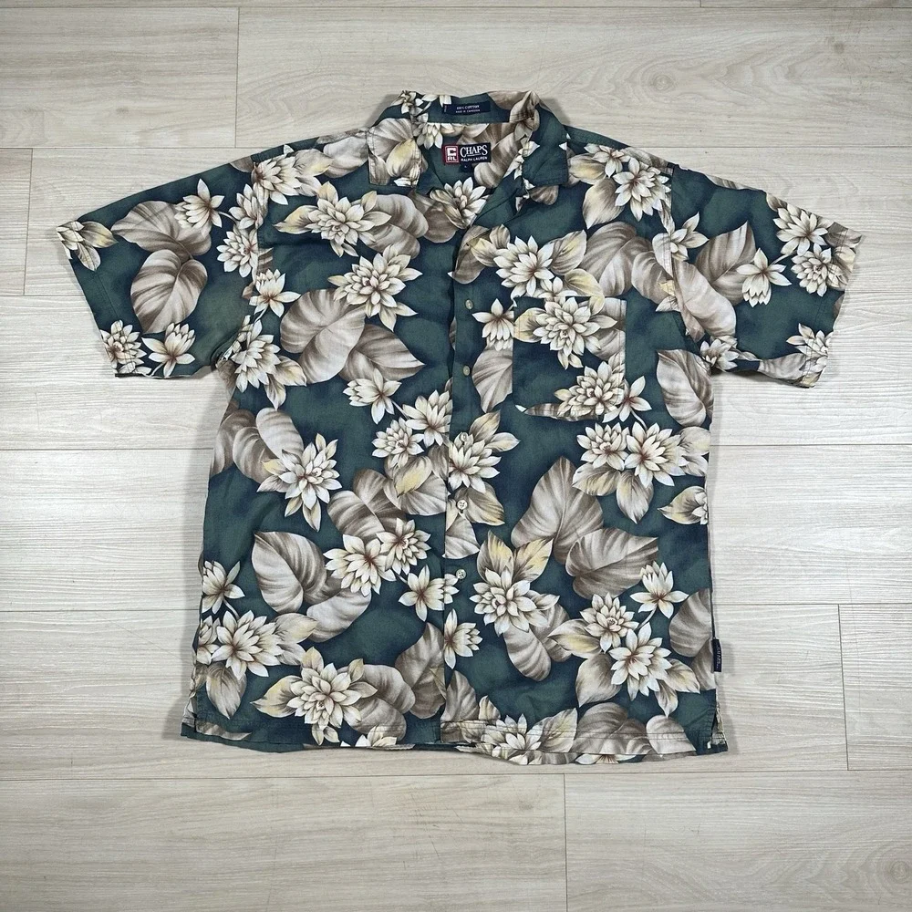 Chaps Ralph Lauren Shirt Mens Large Camp Loop Collar Floral Cotton Vintage Green